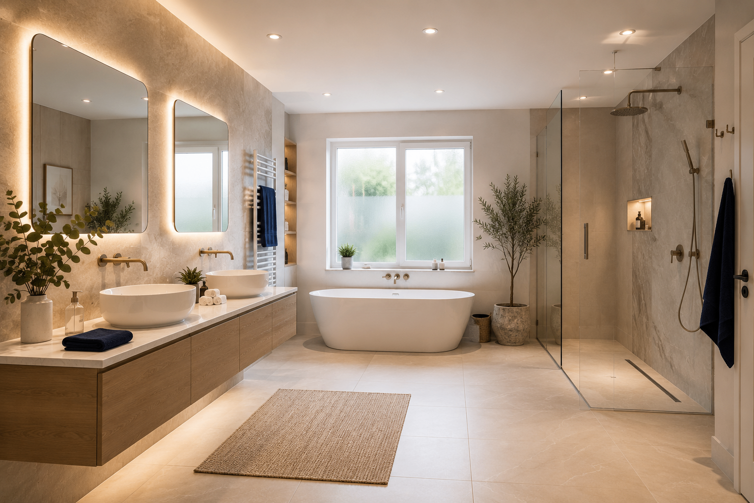 Salle de bain élégante avec baignoire îlot et double vasque