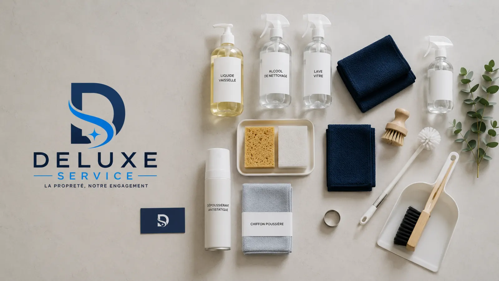 Produits et matériel d'entretien Deluxe Service — flacons, microfibres et brosses